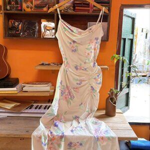 White Floral Cowl Neck Midi Dress Romantic